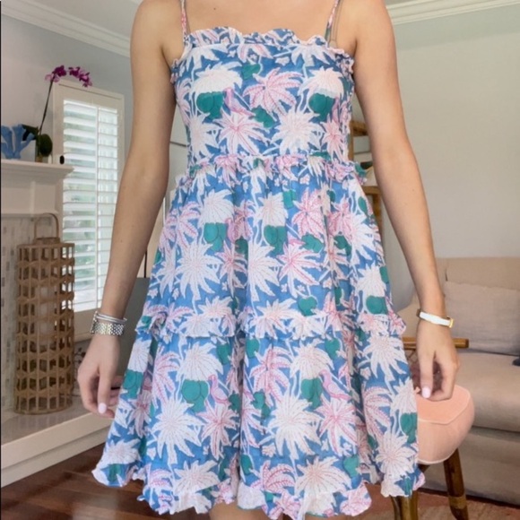 Oliphant Dresses & Skirts - Oliphant Mini Dress Palm Tree Smocked back Cayman Blue Pink size M tired ruffles